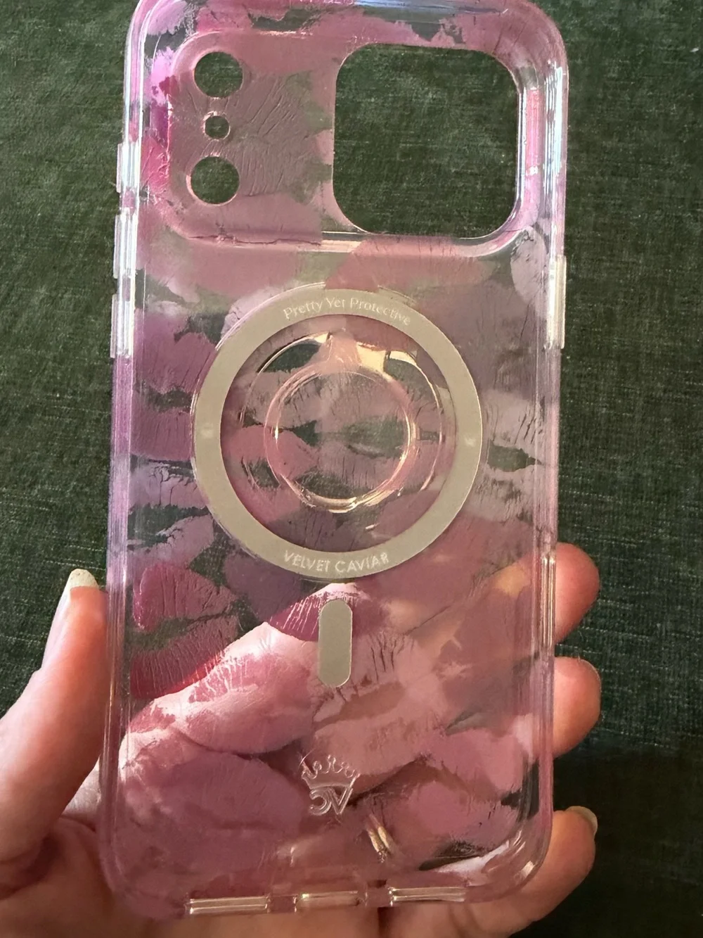 Velvet Caviar Pink lips phone case with matching MagSafe ring